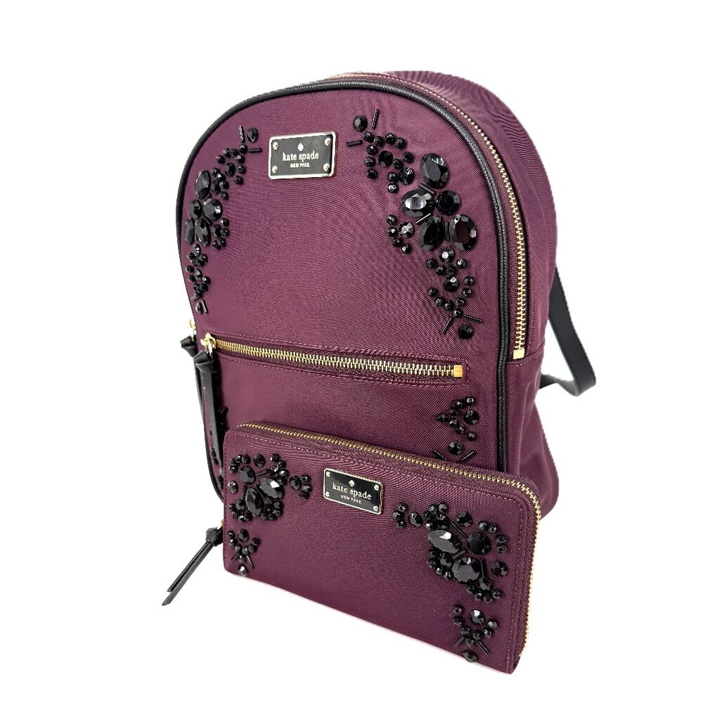 Kate Spade Wilson Rd Embellished Deep Plum Set - SML Bradley Backpack & Neda Wal